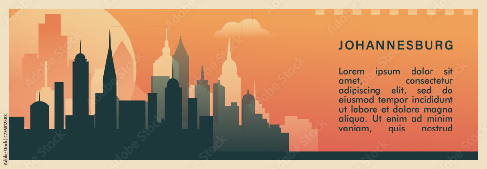 Johannesburg city brutalism vector banner with skyline, cityscape. South Africa megacity retro horizontal illustration, travel layout for web presentation, header, footer Johannesburg city brutalism vector banner with skyline, cityscape. South Africa megacity retro horizontal illustration, travel layout for web presentation, header, footer