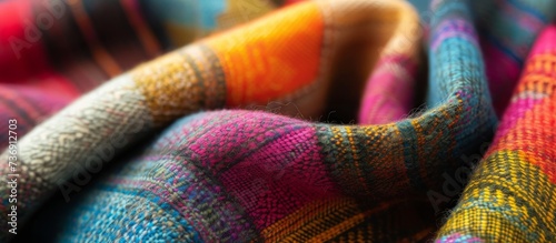 A close up of a vibrant magenta blanket with a plaid pattern, showcasing intricate details and creative arts. The textile features bold colors and geometric shapes, perfect for a cozy night in
