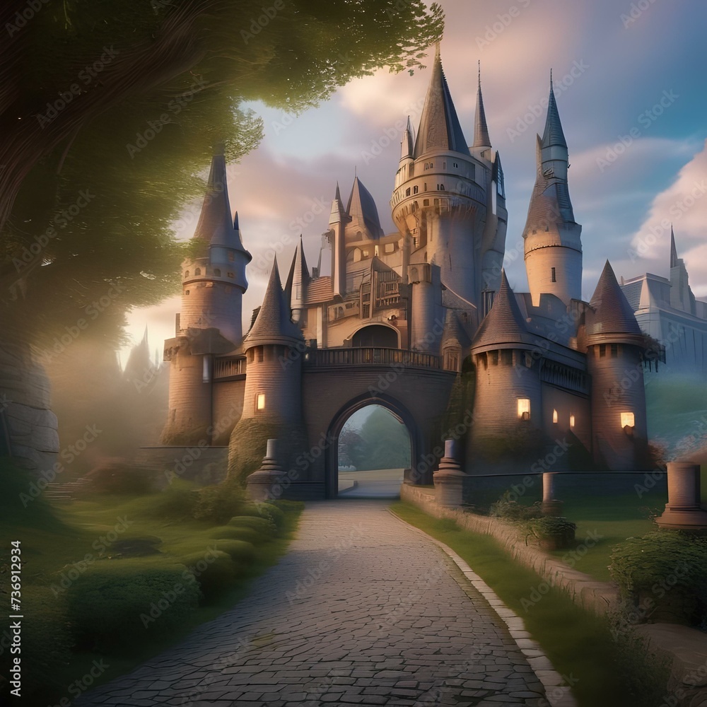 Fototapeta premium Enchanted castle, Enormous castle surrounded by a magical barrier with towering spires and hidden secrets5