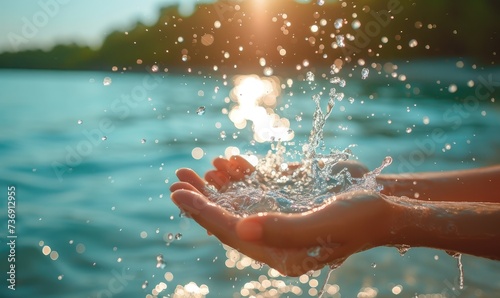 Closeup of woman s hand holding fresh water splashing in the lake.Generative AI