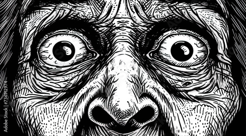 Close-up of frightened face of elderly person with large nostrils and wide-open eyes, line drawing