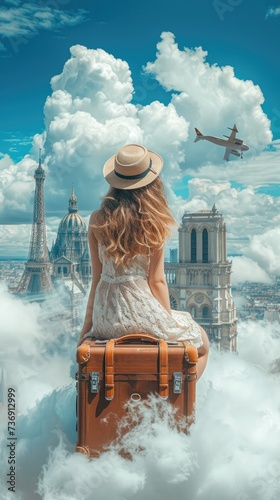 beautiful woman sitting on a travel suitcase in the clouds surrounded by various tourist attractions in the world.Generative AI
