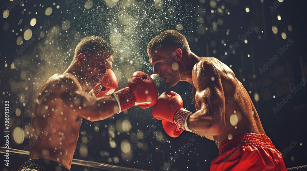 Boxing athlete blocking a punch to his jaw during a match with his ...