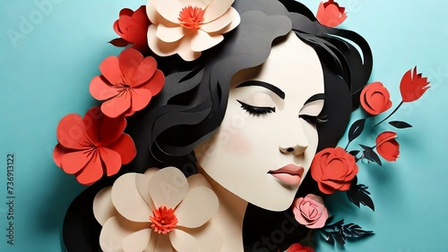 Illustration of a woman's face with flowers paper cut style