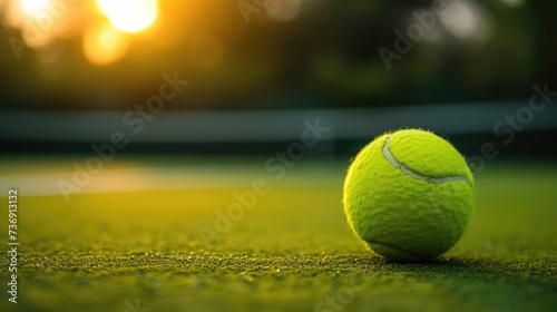 soft focus of tennis ball on tennis grass court.Generative AI © ZzGooggiigz