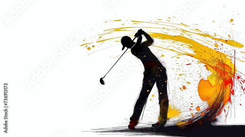 Silhouette of a golfer at tee off with abstract dynamic colorful splashes, conceptual graphic