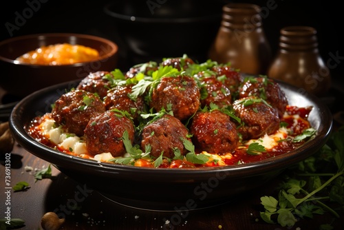 stylist and royal Middle Eastern traditional meatballs served with tomato sauce. Close up with copy space