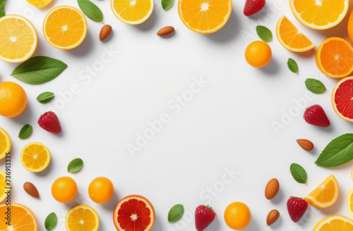 Many different fresh fruits on white background. Creative backdrop made of summer tropical fruits with leaves, grapefruit, orange, kiwi, berries, lemon. Food concept. Flat lay, top view, copy space