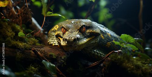 Portrait of a snake in the rainforest. Close-up.Close-up of the head of a boa constrictor,Close-up of the head of a snake in the forest. © Ajmal Ali 217
