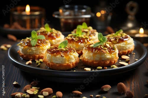 stylist and royal Kataifi Kadayif Kunafa Baklava Pastry Nests. Close up view of delicious pastry nest cookies dessert with pistachio nuts and honey. Food background.