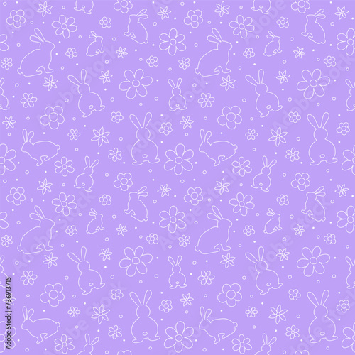 Easter background with bunnies and flowers in hand drawn style. Seamless pattern for wrapping paper, wallpaper and textile. Vector illustration