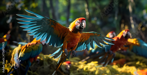 beautiful Scarlet macaw bird flying in the jungle, close up,beautiful Scarlet macaw parrot in the zoo. close up