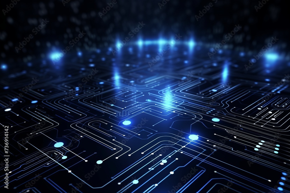 Obraz premium Futuristic Technology-Inspired Backdrop with Abstract Dark Blue Elements and Illuminated Dots Resembling Circuitry, Generative AI