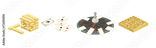 Table Board Game with Jenga, Cards, Poker and Oughts and Crosses Vector Set