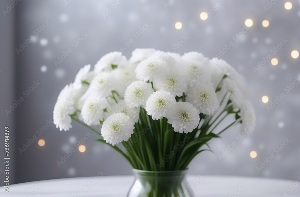 White flowers bunch in a glasses vase, blurred bokeh background. Defocused space for text placement. Horizontal panoramic banner. Fresh blossoming, delicate festive floral card, selective focus, toned White flowers bunch in a glasses vase, blurred bokeh background. Defocused space for text placement. Horizontal panoramic banner. Fresh blossoming, delicate festive floral card, selective focus, toned