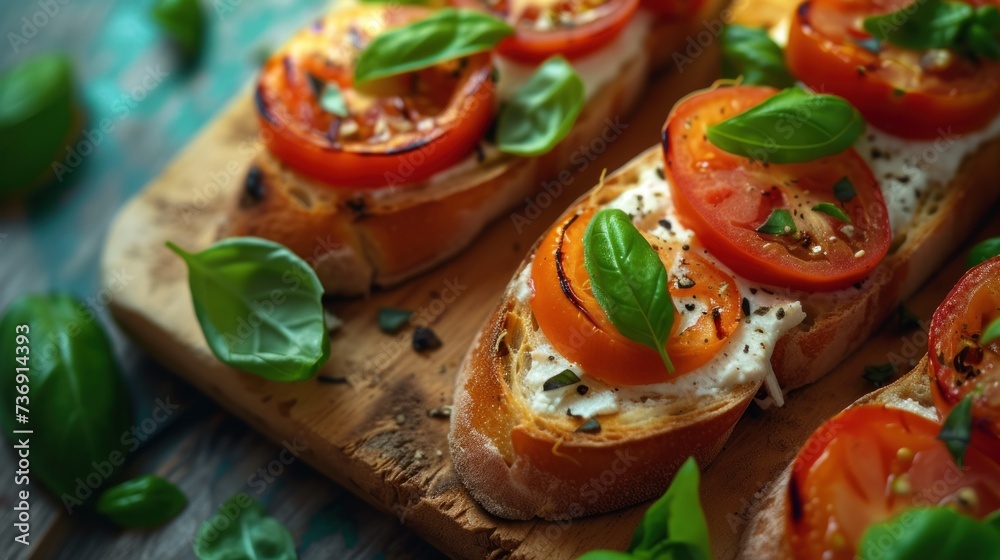 a wooden cutting board topped with slices of bread topped with tomatoes and mozzarella sprinkled with basil.