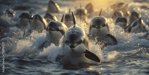 Group of killer whales swimming in the ocean. Action. Beautiful killer whales.Group of killer whales swimming in the sea. Scientific name: Chrysan Spermophilus citellus. photo