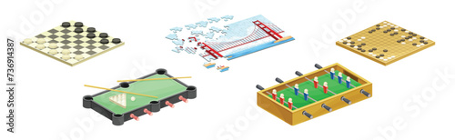 Table Board Game with Jigsaw Puzzle, Checkers, Foosball and Billiards Vector Set