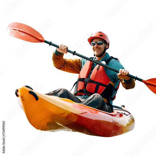 A man plays a Kayaking, isolated on transparent background