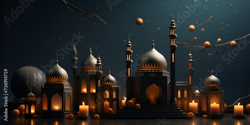 Islamic Holy Month Of Ramadan Mubarak With Beautiful Mosque And Hanging Illuminated Lanterns  