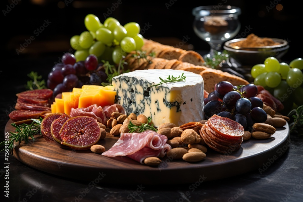 stylist and royal professional food photography close up of a Cheese and charcuterie board