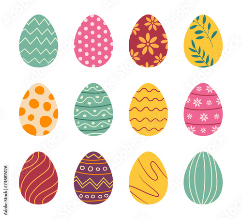Set of easter eggs flat design on white background. Happy easter decorative elements.
