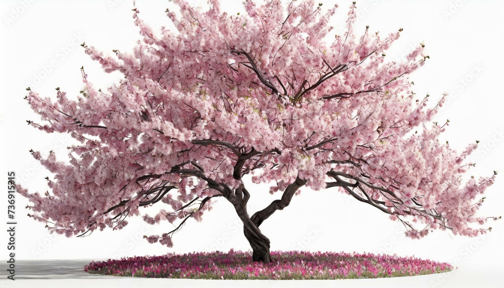 Drzewo pokryte różowymi kwiatami na białym tle - obrazy, fototapety, plakaty 