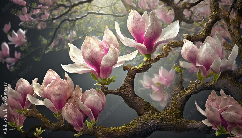 Gałązki magnolii pokryte kwiatami - obrazy, fototapety, plakaty 