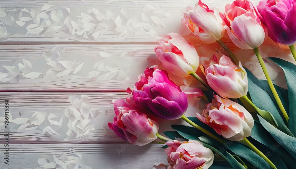 Różowe tulipany na białych deskach - obrazy, fototapety, plakaty 