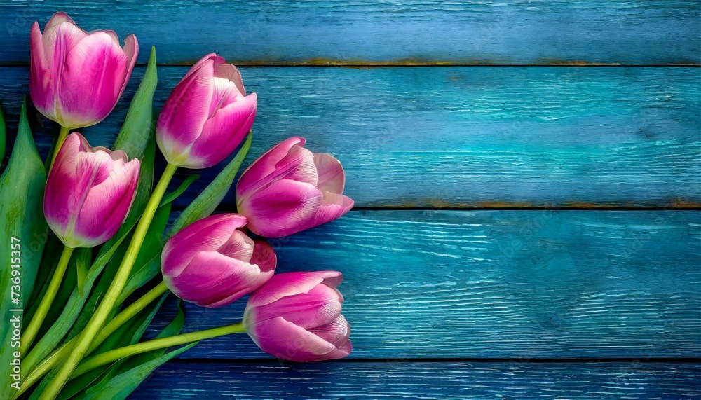 Obraz premium Różowe tulipany na niebieskich deskach