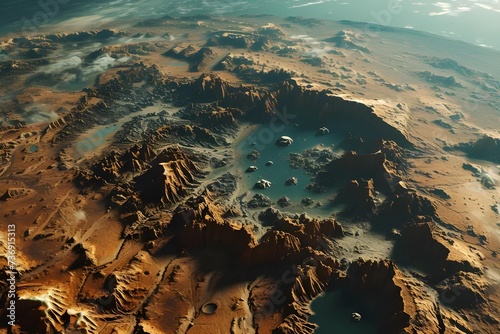 High-definition stock photo of an alien world from space, with unique land formations and oceans, inspiring wonder about the unknown. © JewJew