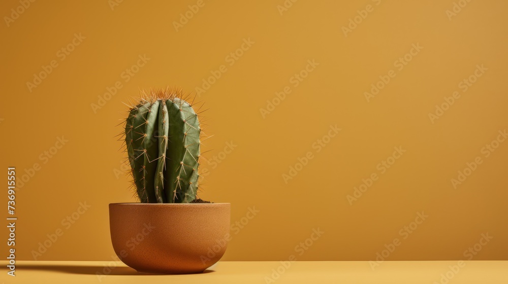 a small cactus in a clay pot on a table against a yellow background with a shadow from the top of the pot. a small cactus in a clay pot on a table against a yellow background with a shadow from the top of the pot.