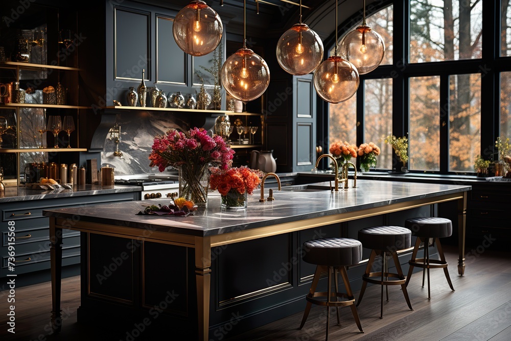 stylist and royal Modern luxury kitchen interior design, space for text, photographic - obrazy, fototapety, plakaty 