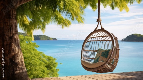 A tree swing chair on a palm tree with the turquoise beach on the background