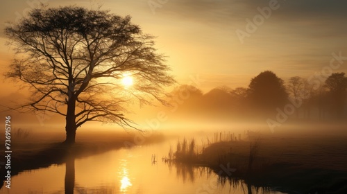 a foggy sunrise with a lone tree in the foreground and a body of water in the foreground.