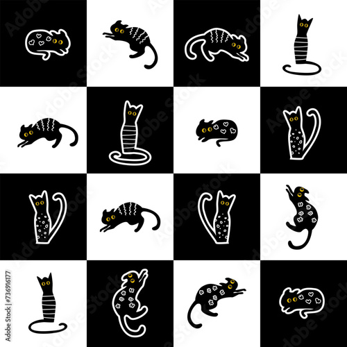 Seamless pattern of stickers of black and white cats on a chess board. Cute childrens drawing for print, wallpaper, fabric. Background for childrens goods, clothing, fabrics. Vector