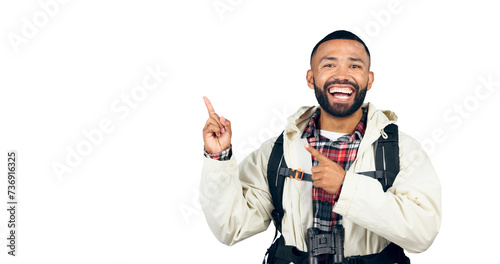 Hiking, portrait and happy with man for pointing, transparent and isolated background for commercial information or presentation news. Fitness, adventure and journey for male person trekking on png photo