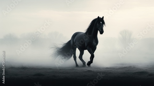 a black and white photo of a horse running through a field in the middle of a foggy day with trees in the background.