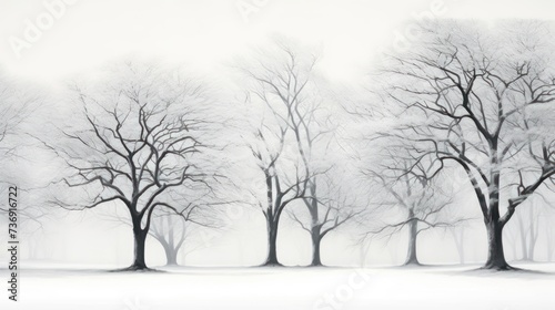 a black and white photo of trees on a snowy day with no leaves on the branches and no leaves on the branches. photo