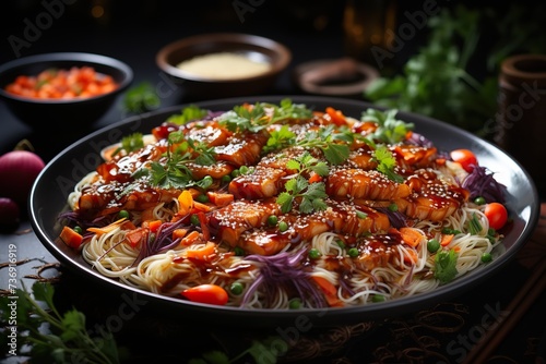 stylist and royal Stir-fried egg noodles with red cabbage, carrots, herbs and sesame seeds close-up in a plate