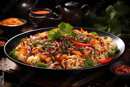 stylist and royal Stir-fried egg noodles with red cabbage, carrots, herbs and sesame seeds close-up in a plate