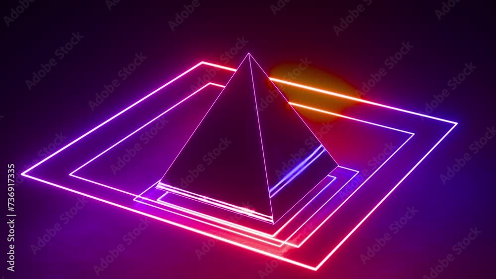 3D abstract background with neon light, Neon pyramids in the Bermuda triangle animation, loop
