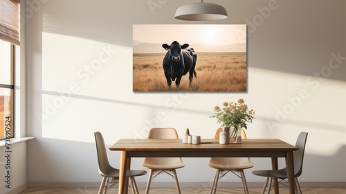 a picture of a cow standing in the middle of a room with a table and four chairs in front of it. photo
