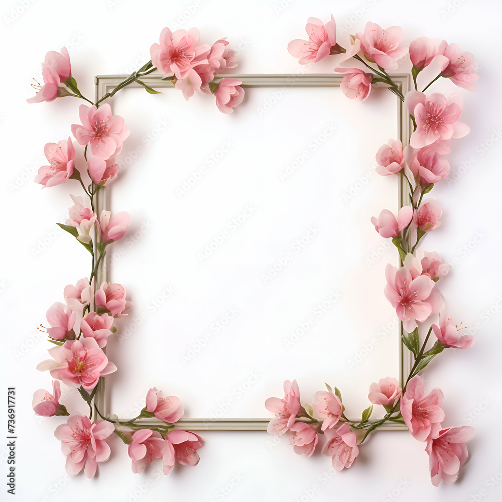 Frame made of pink sakura flowers on white background. top view