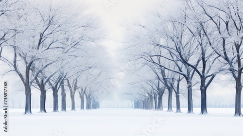 a row of trees with no leaves on them in a snow covered park with a light dusting of snow on the ground.