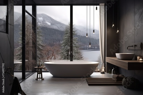 bathroom room ideas, including bathtub, glass, towels, shower, shelf table which are simple and minimalist but still give the impression of being clean and elegant. © candra