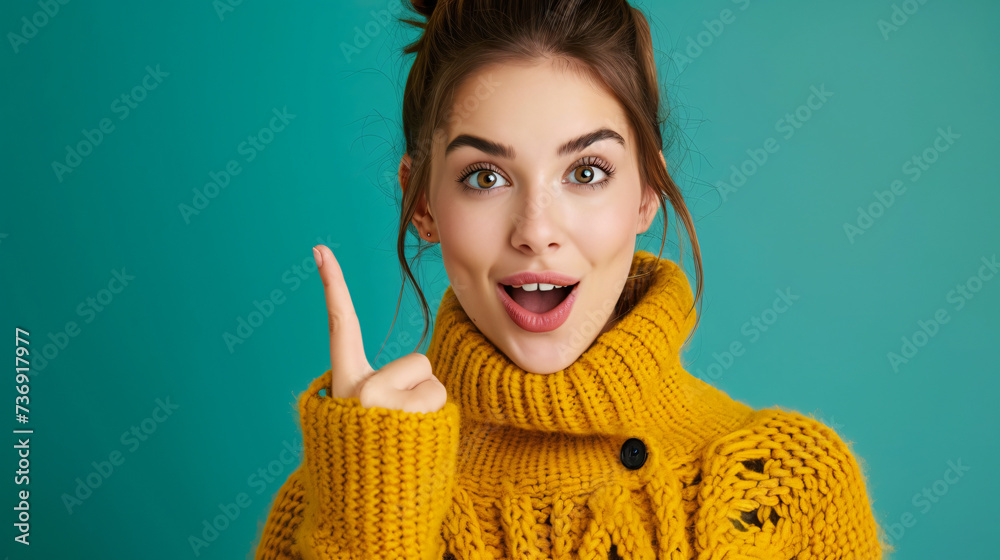 Portrait of lovely cheerful brown-haired girl demonstrating up copy space ad offer isolated blue background Portrait of lovely cheerful brown-haired girl demonstrating up copy space ad offer isolated blue background