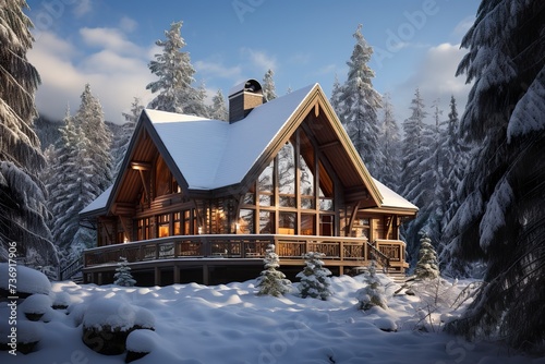 stylist and royal Wooden chalet in the mountains, snowy forest. Wooden house with a balcony against the backdrop of a winter mountain