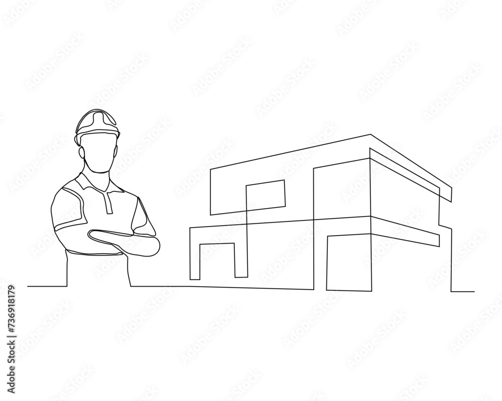 Continuous single line sketch drawing of building foreman worker and house home real estate. One line art of architect holding design paper of building vector illustration. Continuous single line sketch drawing of building foreman worker and house home real estate. One line art of architect holding design paper of building vector illustration.