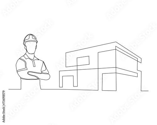 Continuous single line sketch drawing of building foreman worker and house home real estate. One line art of architect holding design paper of building vector illustration.